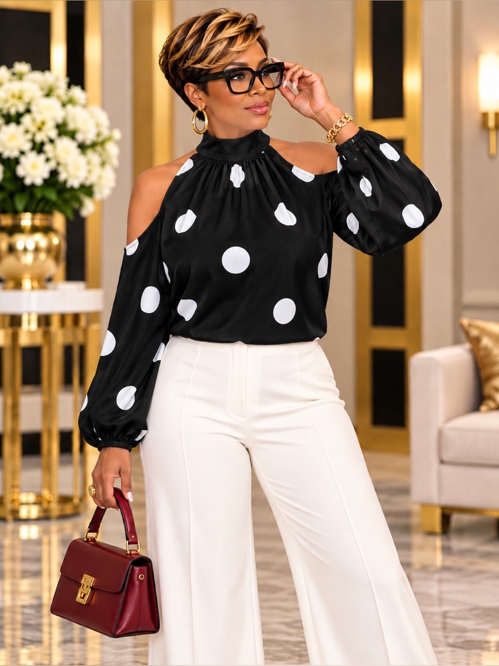 Black White Polka Dot Cold Shoulder Halter Blouse OXL 12